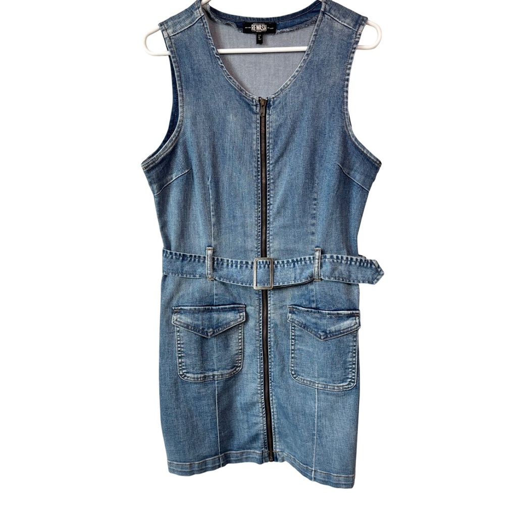 Rewash | Denim Jean Mini Dress Sleeveless Stretchy with Belt Size Large